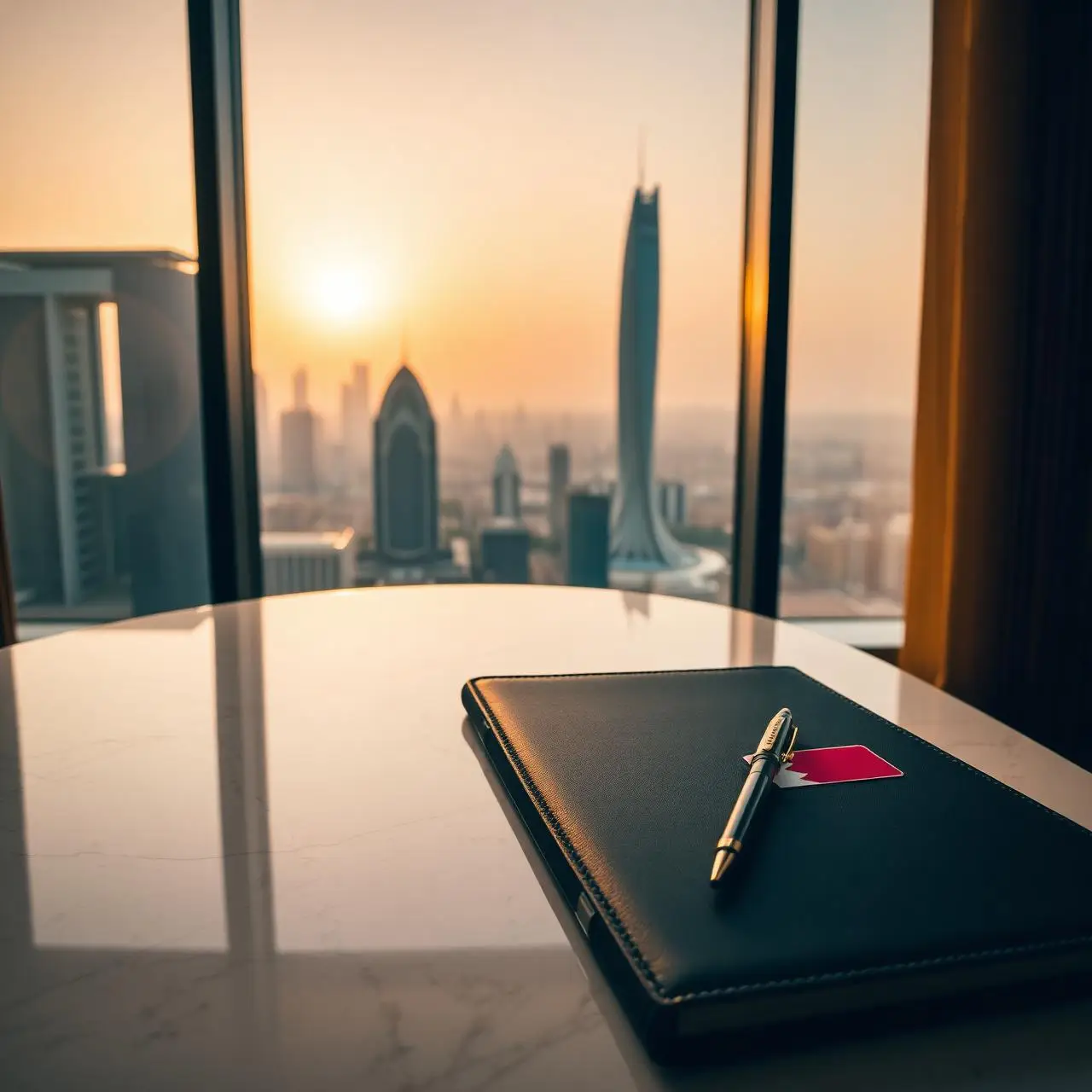 Corporate banking desk with Manama skyline view — company formation in Bahrain
