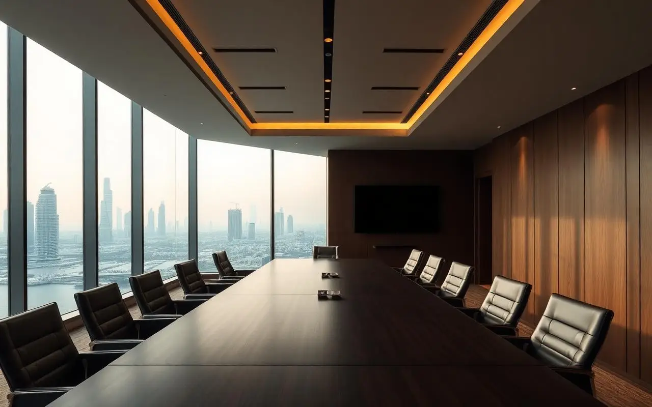 Modern boardroom with view of Manama skyline